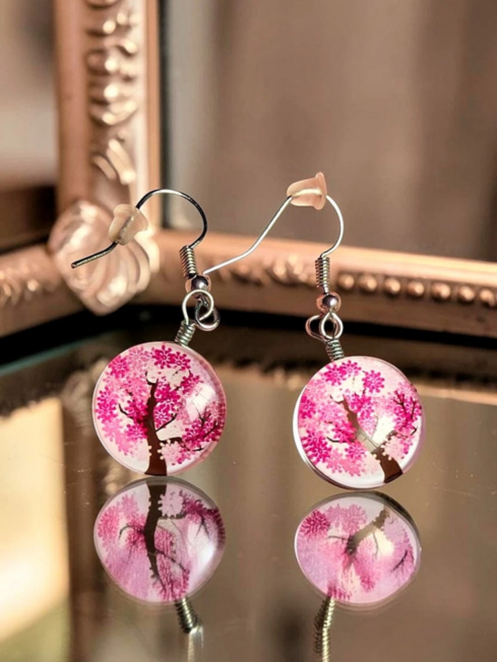 Fashion Jewelry Pink Cherry Blossom Tree Acrylic Cabochon Drop Earrings (New)